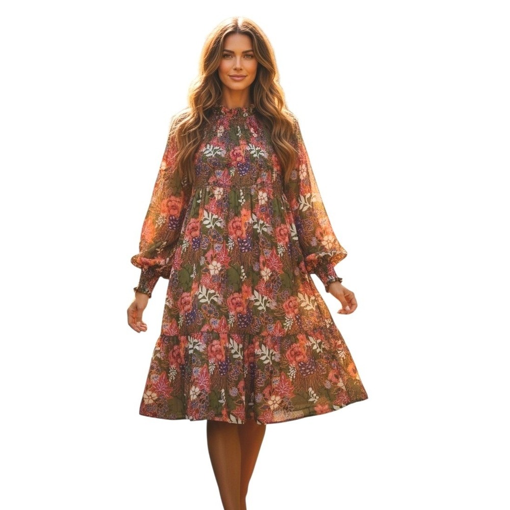 J. Marie Floral Boho Women size Large Smocked Neck Puff Sleeve Cottagecore Dress